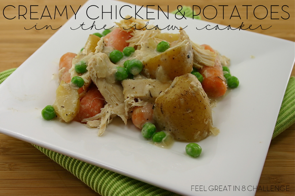 This Creamy Chicken & Potatoes a healthy meal that you can just throw into the slow-cooker in the morning and dish out at dinner time! #healthy #crockpot #chicken #dinner