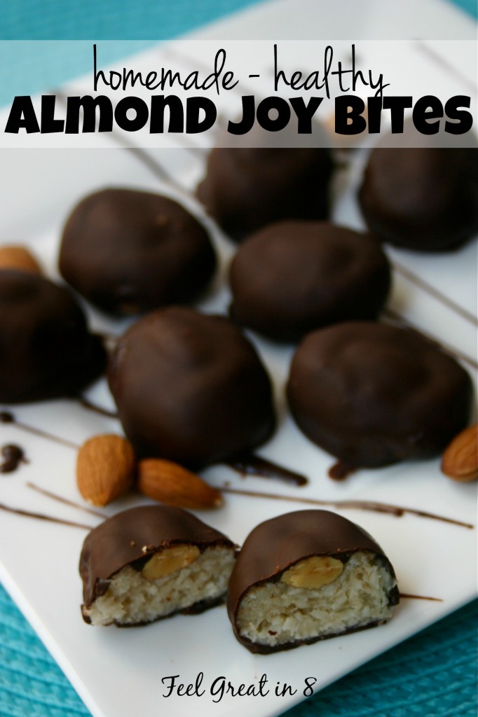 These homemade Almond Joy Bites are sugar-free and made with healthy real-food ingredients! Nothing beats the combo of coconut, almonds and chocolate! #healthy #dessert #candybar #homemade