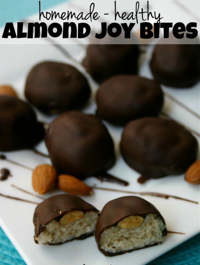 These homemade Almond Joy Bites are refined sugar-free and made with healthy real-food ingredients! Nothing beats the combo of coconut, almonds and chocolate! | Feel Great in 8 - Healthy Real Food Recipes