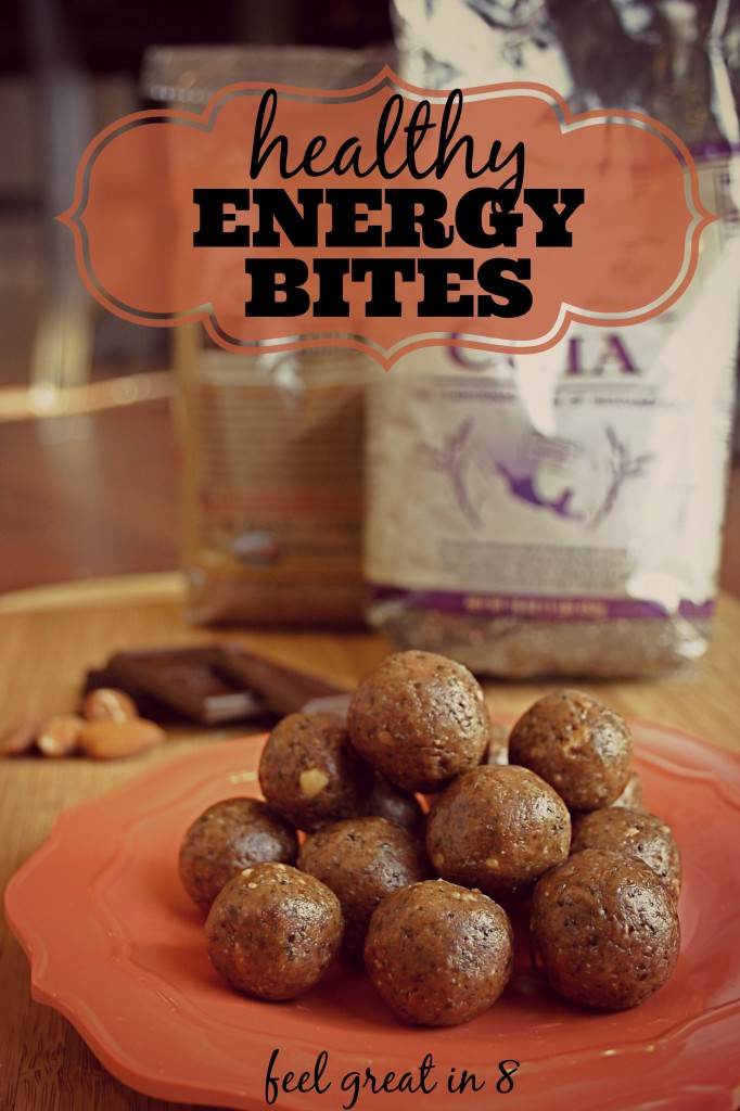 These dark chocolate almond bites are full of healthy ingredients, protein and fiber for a natural energy boost! Perfect for a mid-afternoon snack! Feel Great in 8 #healthy #energy #snack #protein