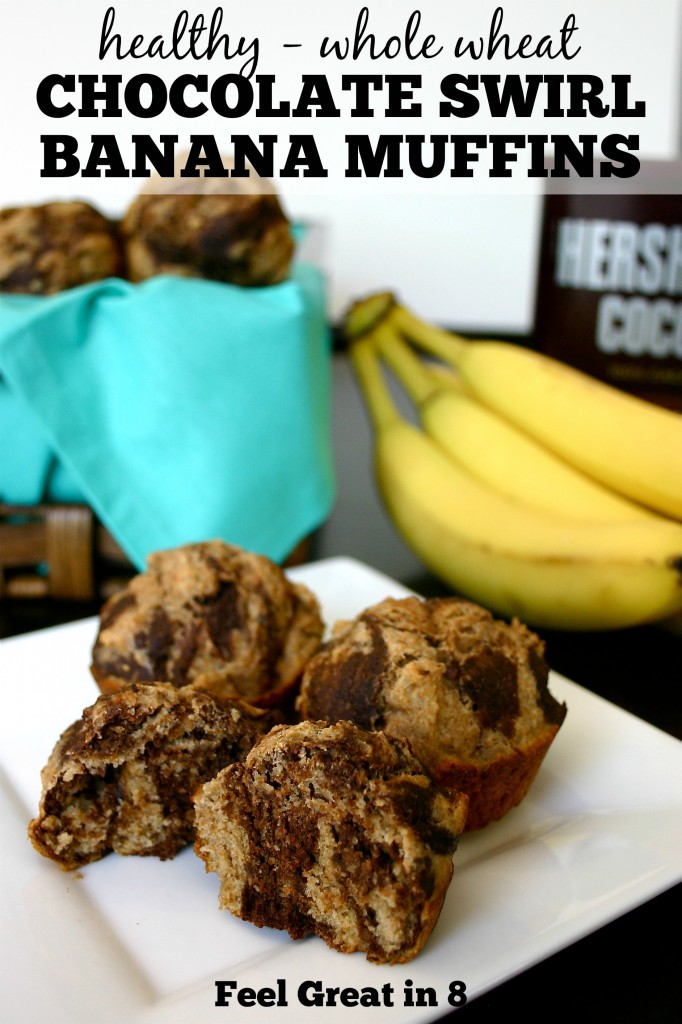 Healthy Chocolate Swirl Banana Muffins - You can't even tell these moist and delicious muffins are made of healthy whole wheat, greek yogurt, and flaxseeds! Feel Great in 8 #healthyrecipes #breakfast