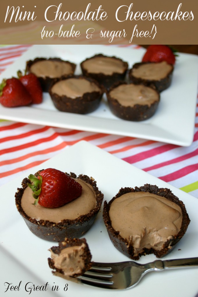 Mini Chocolate Cheesecakes w/Dark Chocolate-Almond Crust {no-bake & sugar free!} You can't even taste all the healthy ingredients in this easy, healthy and delicious dessert!! #dessert #healthy #glutenfree #sugarfree