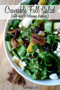 Craveable Fall Salad {with Maple Balsamic Dressing} Love the delicious fall flavors - pear, dried cranberries, candied pecans, and crumbled feta! YUM! | Feel Great in 8 #healthy #salad #recipe #yum