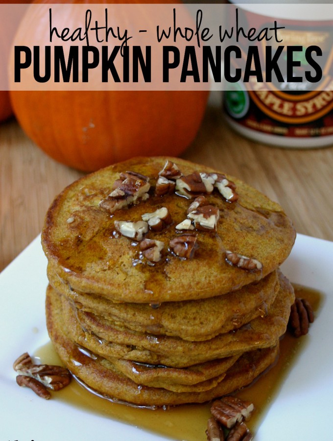 Throw all the ingredients into a blender for these healthy, whole wheat Pumpkin Pancakes and you have the perfect, quick and easy fall breakfast! #healthy #breakfast #quick #easy #recipe