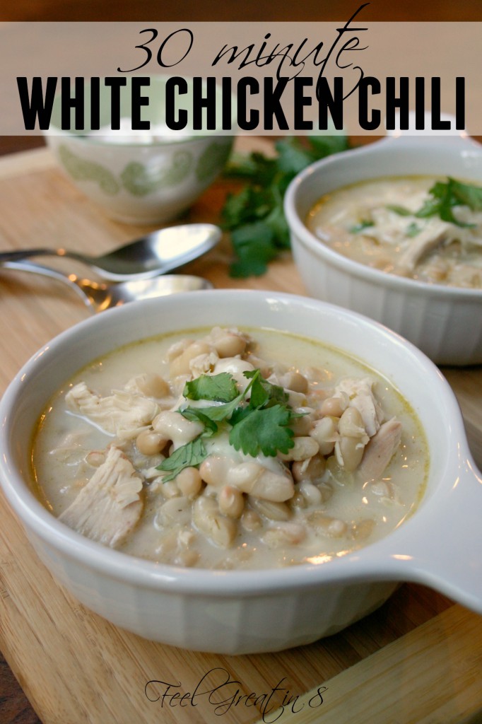 30 Minute White Chicken Chili - This delicious, hearty and healthy dinner can be on the table in less than 30 minutes! It's pure comfort food at it's best! | Feel Great in 8 #healthy #recipe #quick #chili #chicken