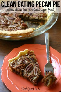 No one will ever guess that this delicious Pecan Pie is clean eating, paleo friendly, gluten free and refined sugar free! Made with an almond flour crust, heart healthy coconut oil, and sweetened with pure maple syrup, this healthier dessert looks and tastes just as good as the original! | Feel Great in 8