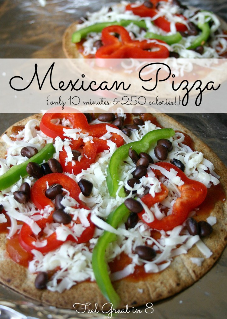 This healthy vegetarian Mexican Pizza is quick & easy to throw together and has only 250 calories in an entire pizza! Perfect for lunch or dinner! | Feel Great in 8 - Healthy Real Food Recipes