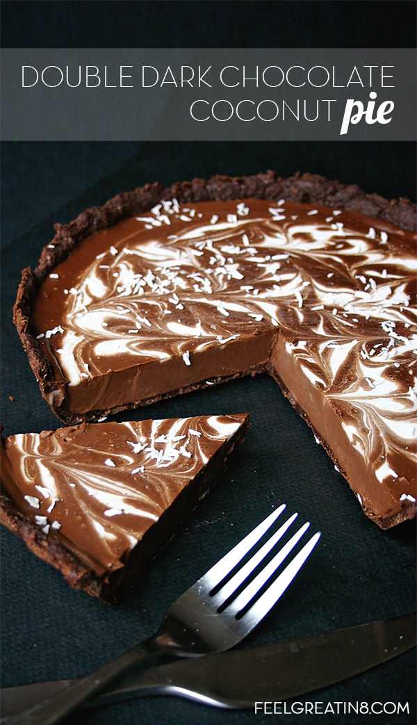 You'd never guess this creamy, chocolaty Double Dark Chocolate Coconut Pie is no bake, gluten free, refined sugar free, and vegan! | Feel Great in 8 - Healthy Real Food Recipes