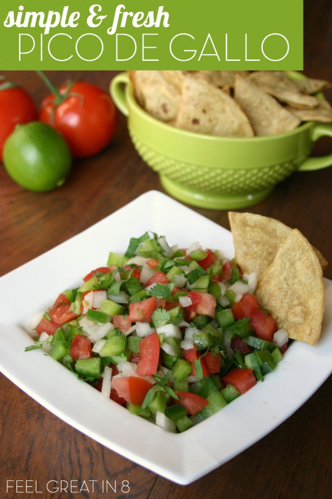 The flavors in this healthy real food recipe for Pico de Gallo are so fresh and delicious! It makes a healthy snack with only 25 calories in 1/2 cup serving! | Feel Great in 8 - Healthy Real Food Recipes