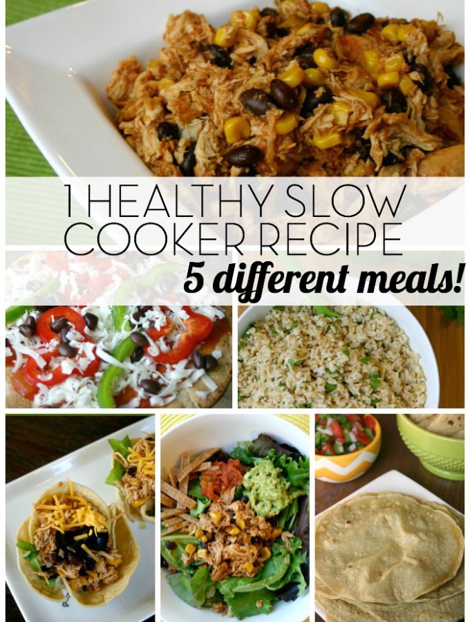 1 Healthy Slow Cooker Chicken Recipe - 5 Meals! This is about as simple as healthy meals get! Make this 1 healthy slow cooker chicken recipe and then serve it 5 different, delicious ways for lunch or dinner! | Feel Great in 8 - Healthy Real Food Recipes