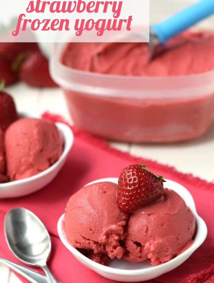 You only need 5 minutes and 4 healthy real food ingredients to make this Homemade Strawberry Frozen Yogurt - No ice cream maker required! At only 100 calories per serving, you'll love this sweet guilt-free dessert! | Feel Great in 8 - Healthy Real Food Recipes