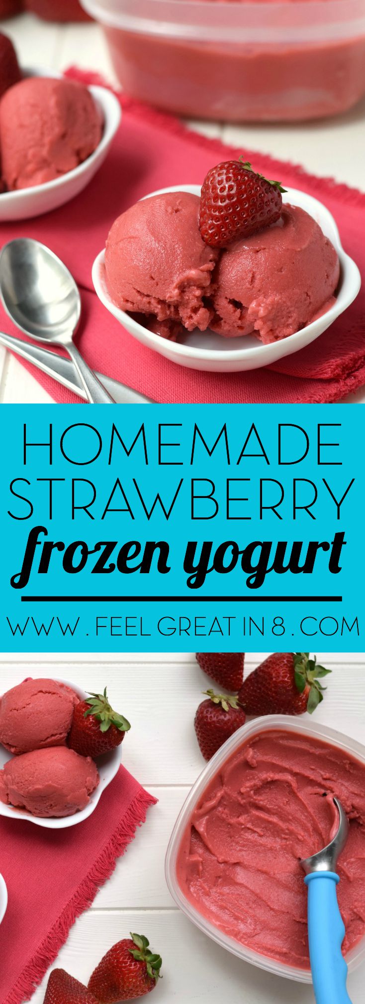 You only need 5 minutes and 4 healthy real food ingredients to make this Homemade Strawberry Frozen Yogurt - No ice cream maker required! At only 100 calories per serving, you'll love this sweet guilt-free dessert!