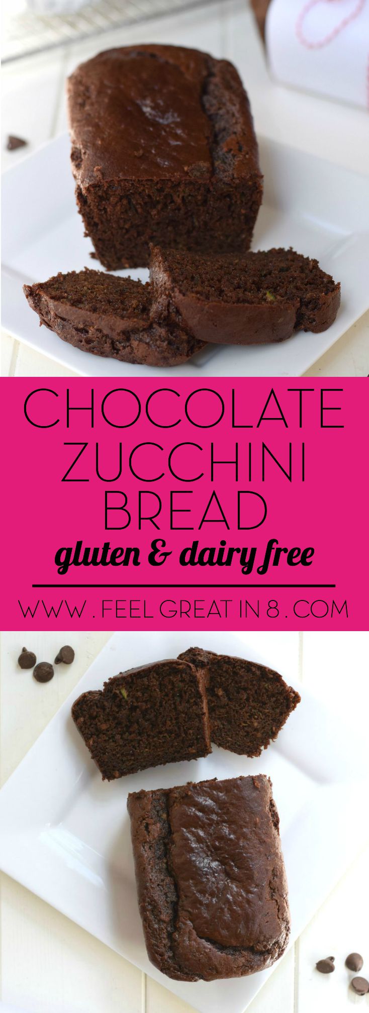  This Chocolate Zucchini Bread is so moist and delicious, you'd never guess it is gluten free, dairy free, high in protein and fiber, and has no refined sugar! | Feel Great in 8