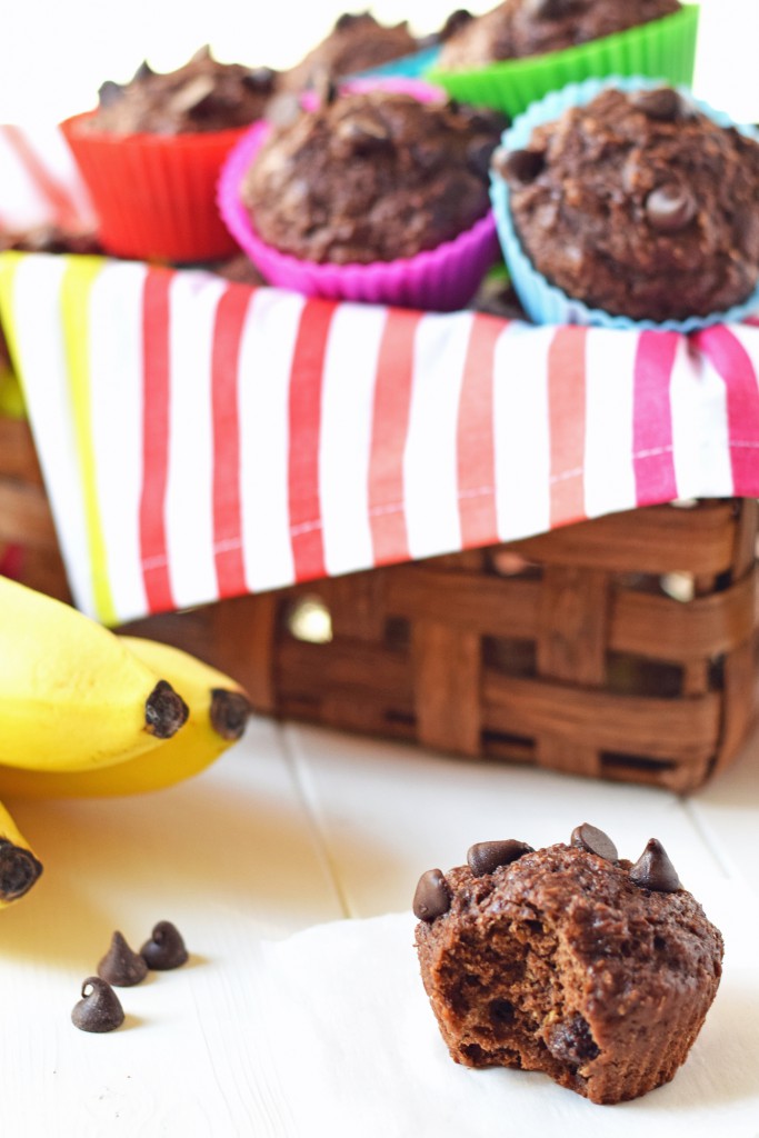 Healthy Chocolate Banana Bran Muffins - You'd never guess these moist, chocolatey, delicious muffins are full of healthy ingredients. Only 120 calories, 3 grams of protein, and 4 grams of fiber each!