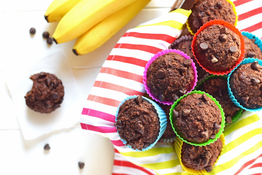 Healthy Chocolate Banana Bran Muffins - You'd never guess these moist, chocolatey, delicious muffins are full of healthy ingredients. Only 120 calories, 3 grams of protein, and 4 grams of fiber each!