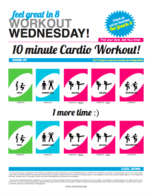 10 Minute Cardio Workout: Wanting to exercise but don't have much time? Get a great cardio workout in just 10 minutes with this easy to follow video and printable PDF.