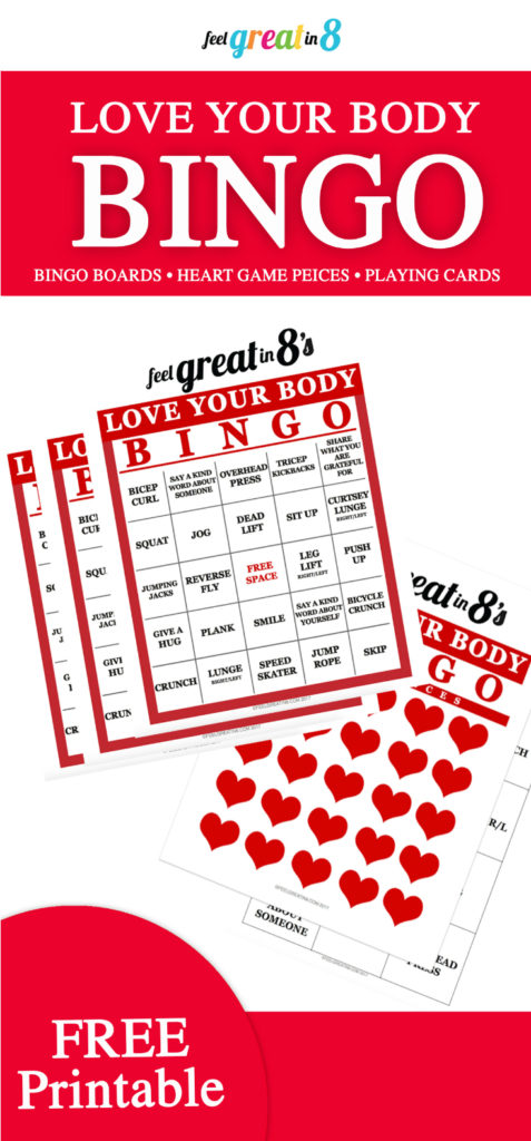 Love Your Body Fitness Bingo {Free Printable!} - Grab your family and friends for fun way to exercise that everyone will love! Includes free printable bingo cards, heart game pieces and playing cards. 